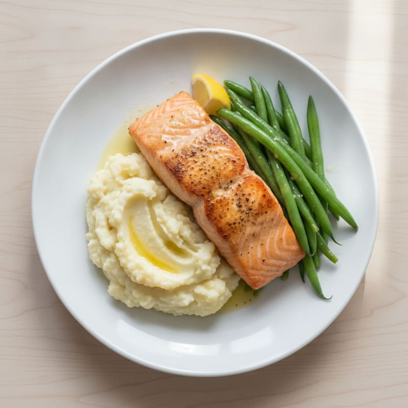 Seared Salmon with Steamed Green Beans and Garlic Mashed Cauliflower