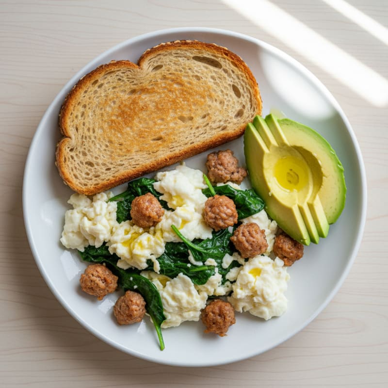 Egg White and Spinach Scramble with Turkey Sausage and Toast