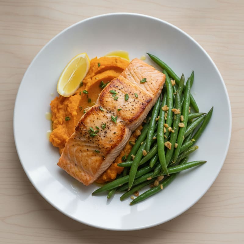Seared Salmon with Garlic Green Beans and Sweet Potato Mash