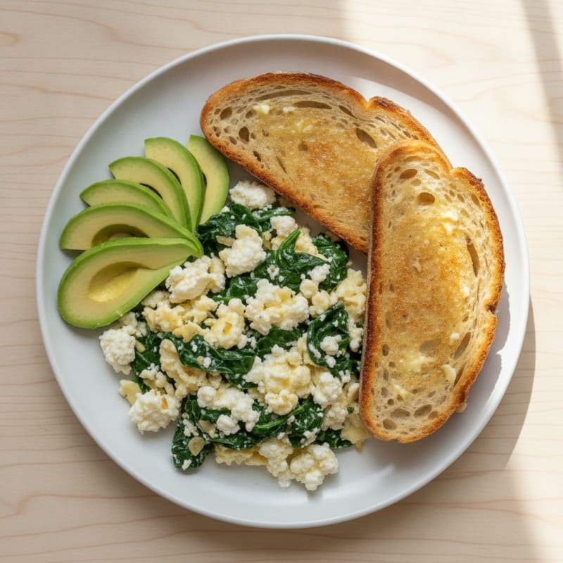 Creamy Cottage Cheese Scramble with Sautéed Spinach and Toasted Sourdough