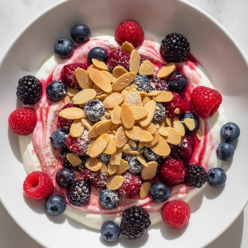 Greek Yogurt Protein Parfait with Mixed Berries and Almonds