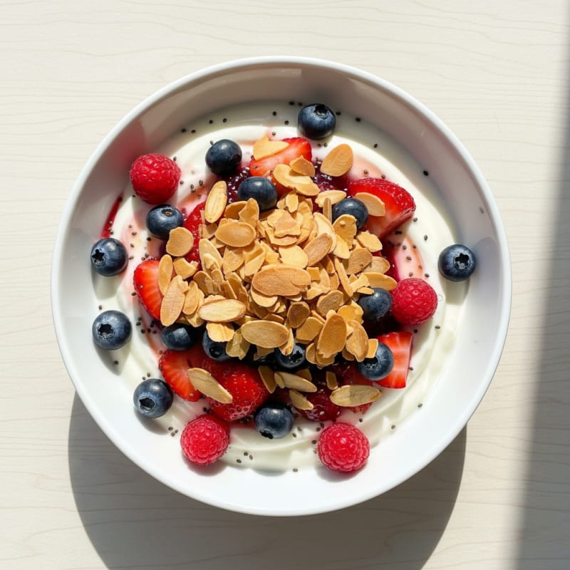 Silky Greek Yogurt Protein Pudding with Fresh Berries and Almond Crunch
