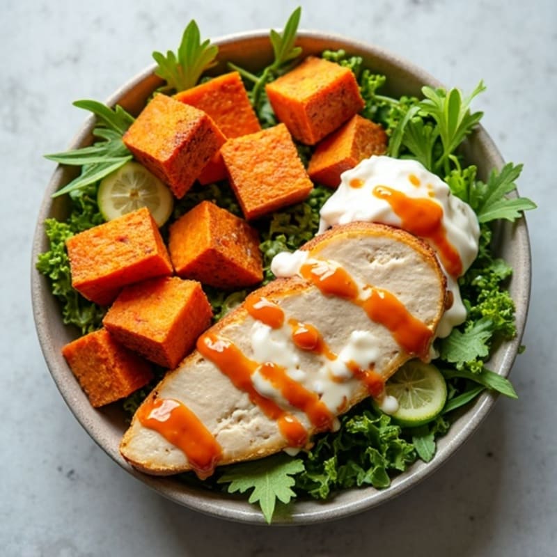 Buffalo Chicken Power Bowl with Roasted Sweet Potatoes and Creamy Greek Yogurt Ranch