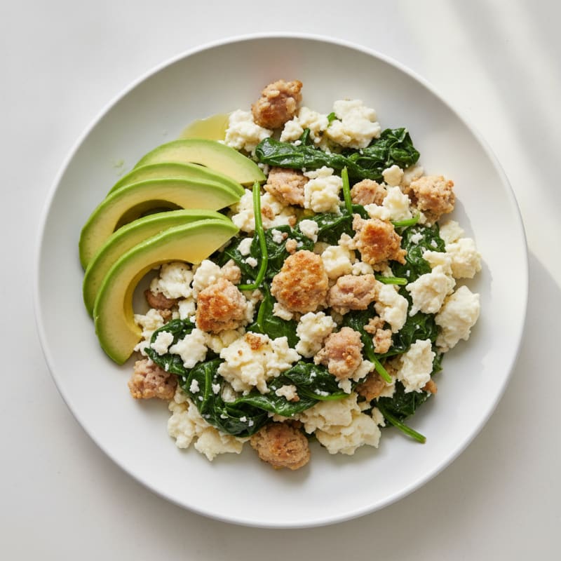 Egg White Scramble with Turkey Sausage and Sautéed Spinach