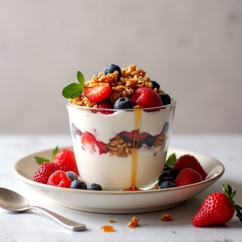 Greek Yogurt Parfait with Crunchy Granola and Mixed Berries