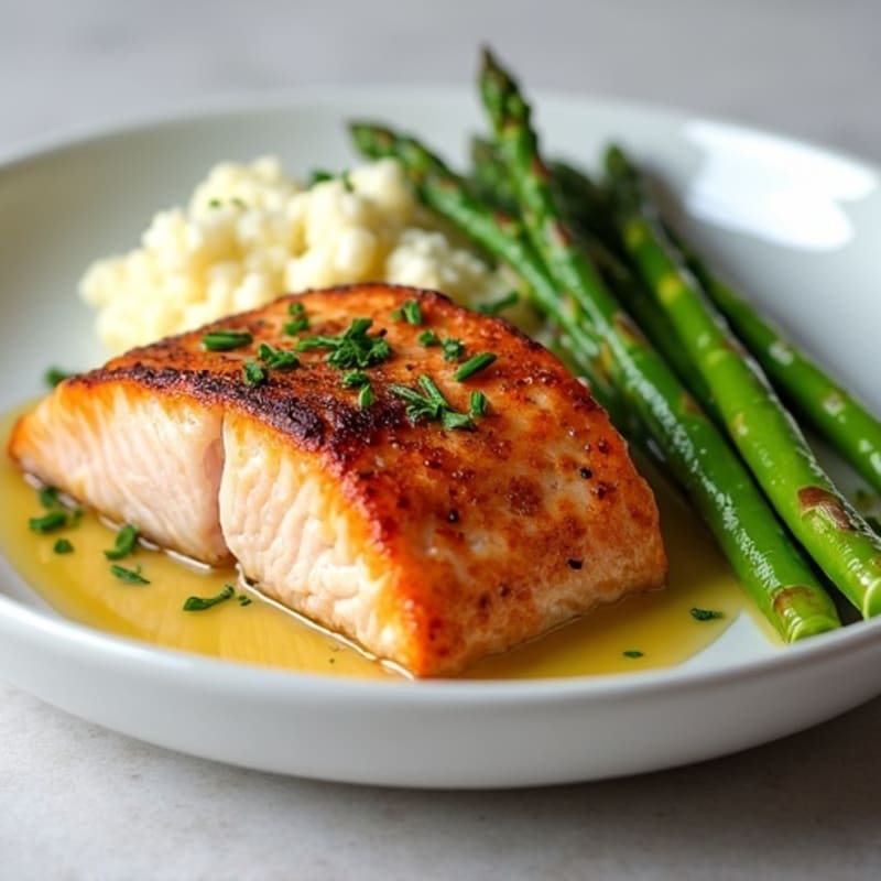 Seared Salmon with Steamed Asparagus and Garlic Cauliflower Mash
