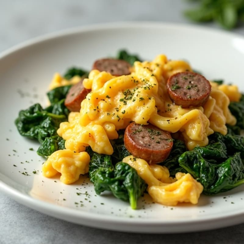 Egg White and Turkey Sausage Scramble with Sautéed Spinach