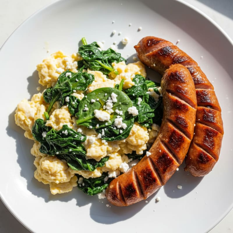 Egg White Spinach Scramble with Grilled Turkey Sausage
