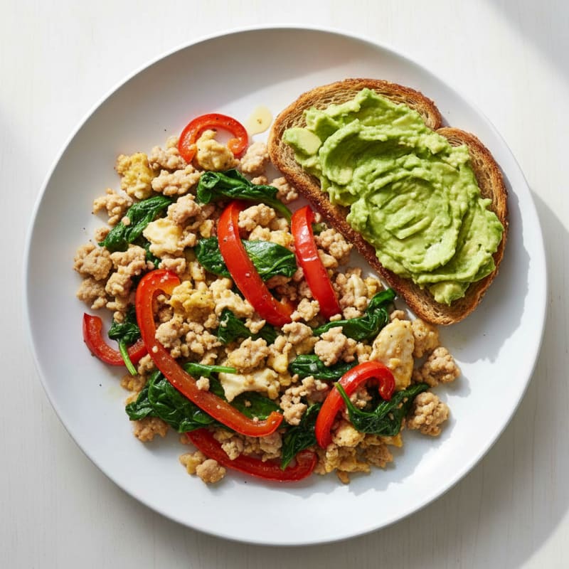 Turkey Spinach Egg White Scramble with Roasted Peppers
