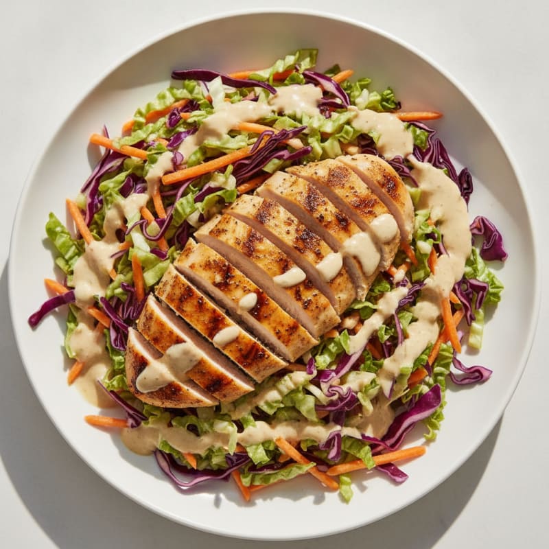 Grilled Chicken Breast with Crunchy Cabbage Slaw and Lemon Tahini Sauce