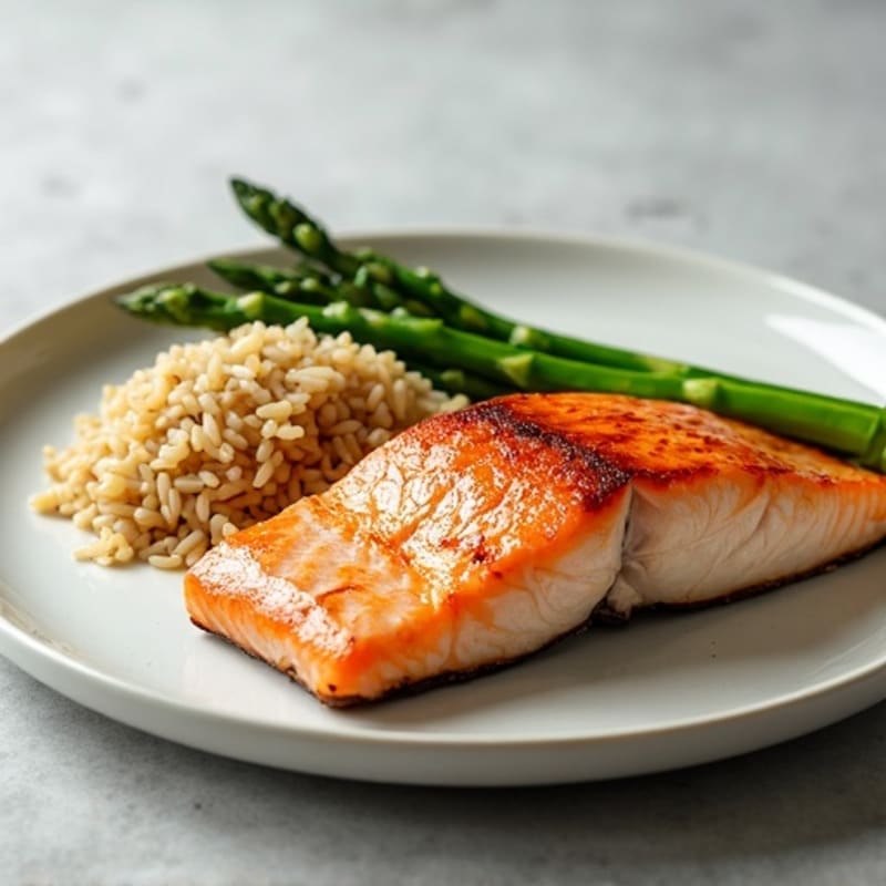 Seared Salmon Fillet with Steamed Asparagus and Brown Rice