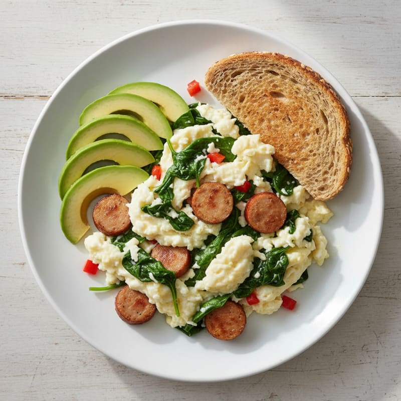 Egg White Scramble with Chicken Sausage and Spinach