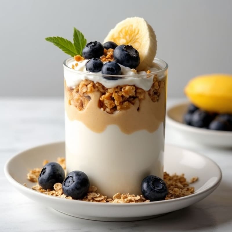 Vanilla Greek Yogurt Parfait with Peanut Butter Oats and Blueberries