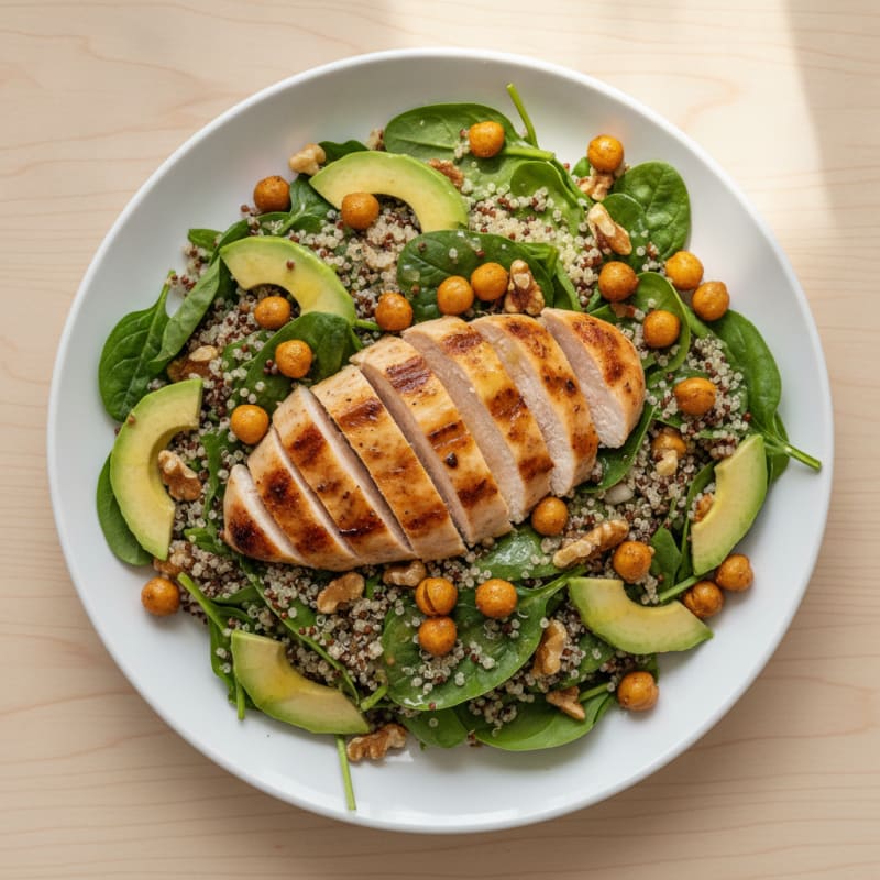 Grilled Chicken Breast with Quinoa Spinach Salad and Roasted Chickpeas