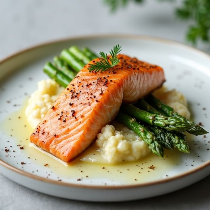 Seared Salmon with Steamed Asparagus and Cauliflower Mash