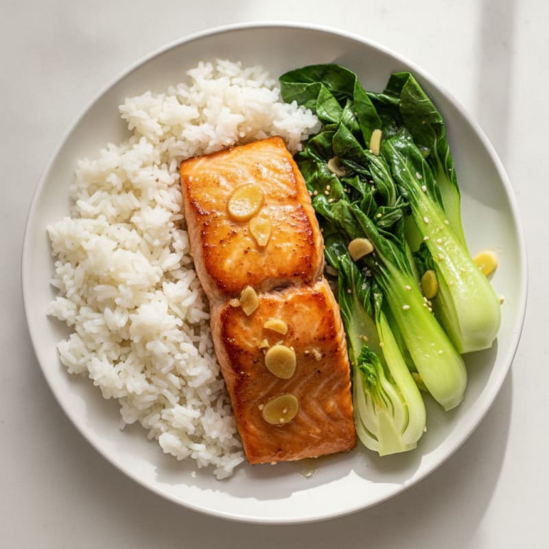 Seared Salmon with Steamed Bok Choy and Jasmine Rice