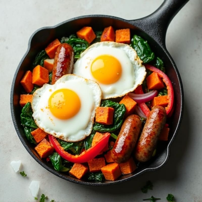 Turkey Sausage and Sweet Potato Breakfast Skillet with Fluffy Eggs
