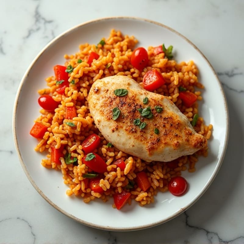 Pan-Seared Chicken with Spiced Tomato Rice and Bell Peppers