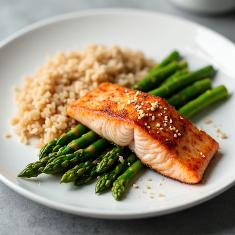 Seared Salmon Fillet with Steamed Asparagus and Brown Rice