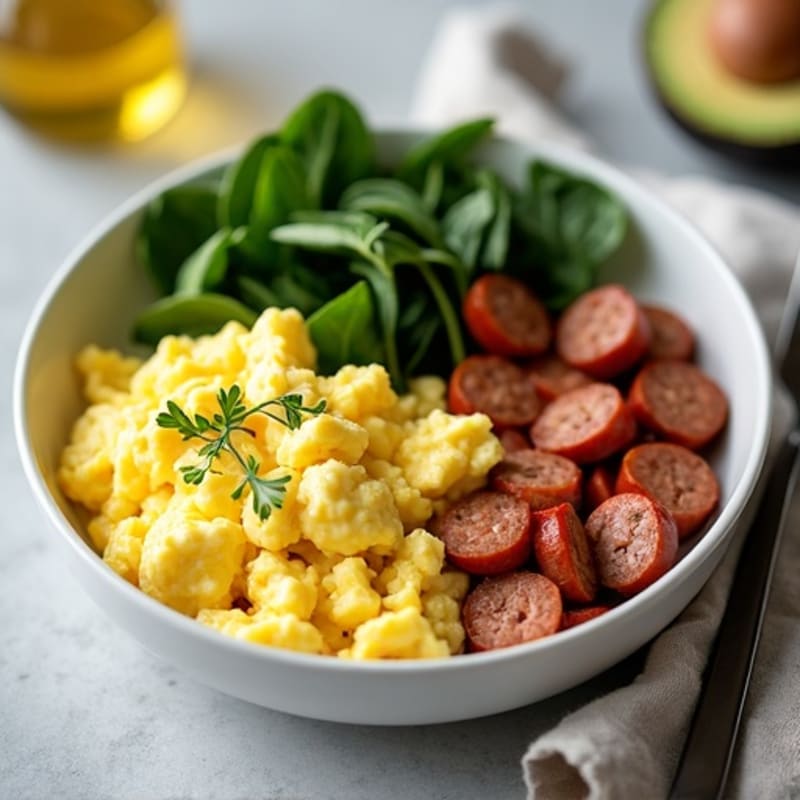 Scrambled Egg Whites with Turkey Sausage and Sautéed Spinach