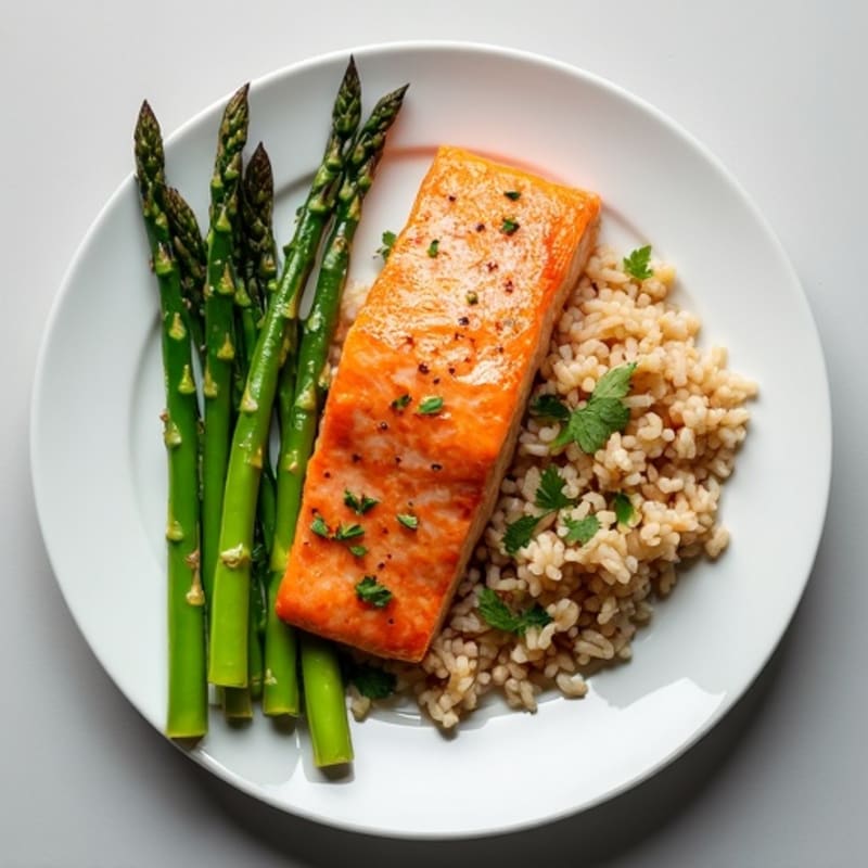 Seared Salmon Fillet with Steamed Asparagus and Brown Rice