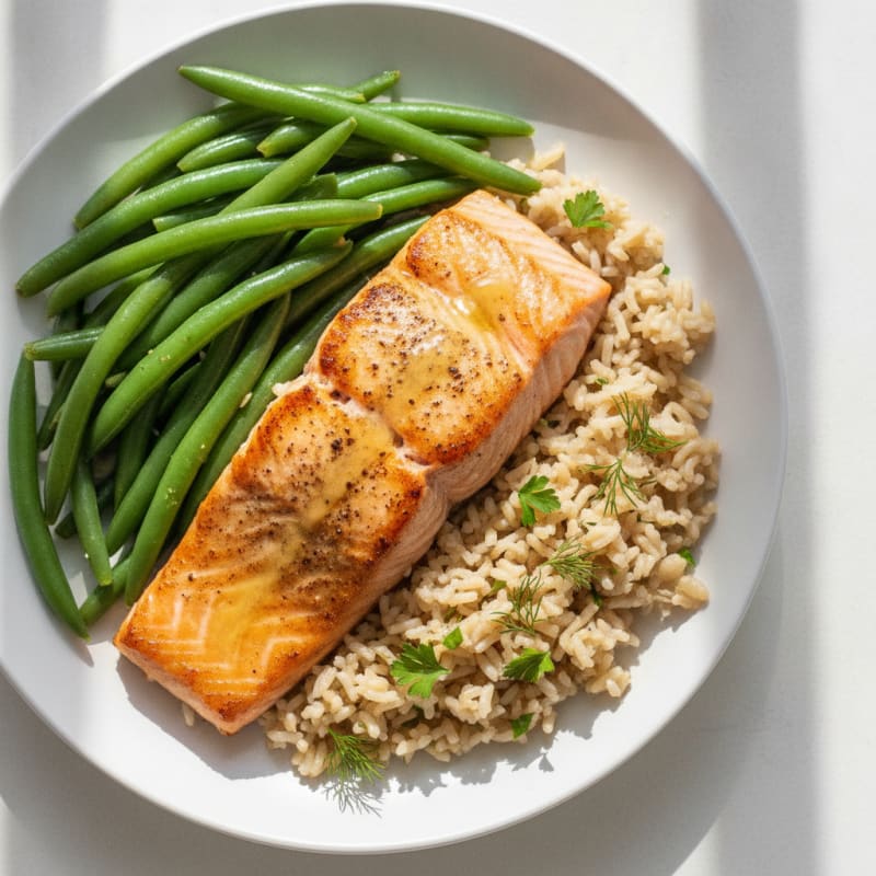 Seared Salmon Fillet with Steamed Green Beans and Herbed Brown Rice