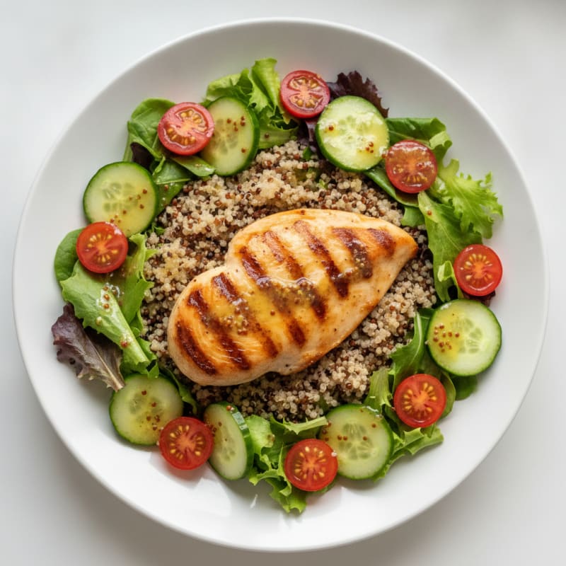 Grilled Chicken Breast Salad with Quinoa, Cherry Tomatoes and Lemon Vinaigrette