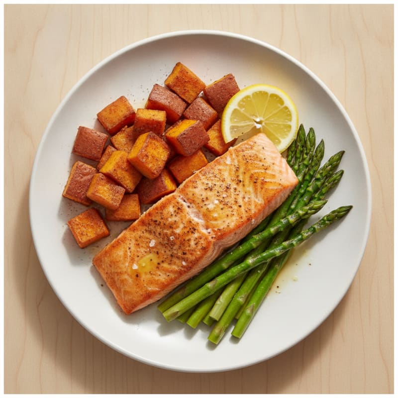 Seared Salmon with Roasted Sweet Potato and Asparagus