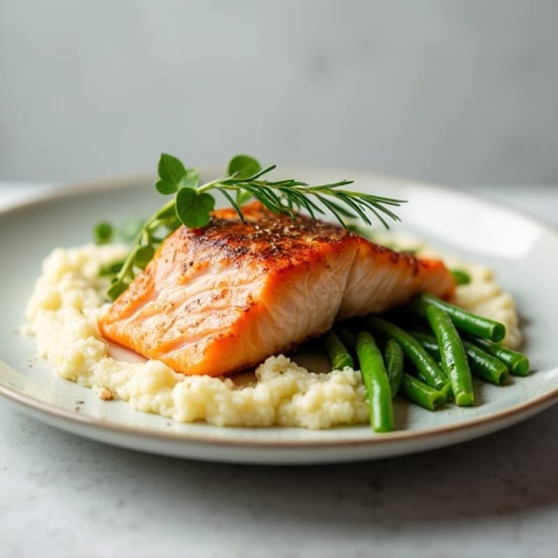 Seared Salmon Fillet with Steamed Green Beans and Cauliflower Mash