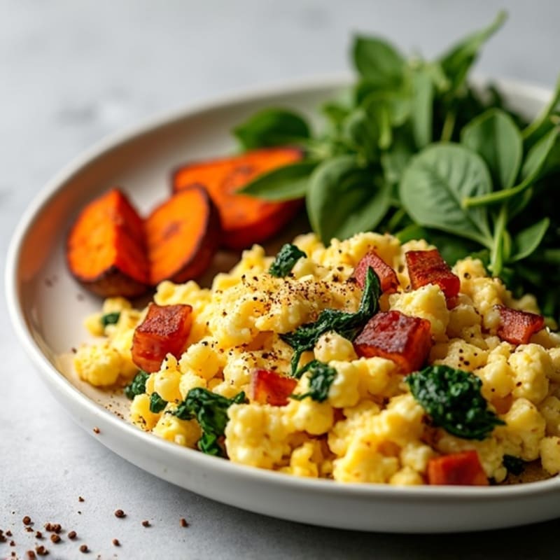 Crispy Turkey Bacon and Spinach Egg Scramble with Roasted Sweet Potatoes