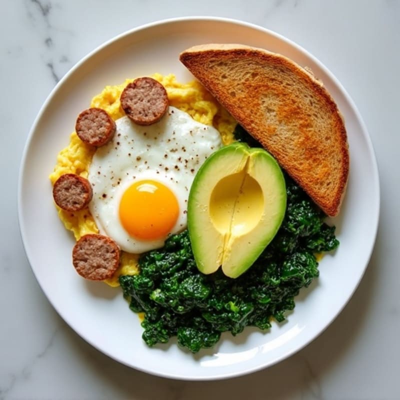 Egg White and Turkey Sausage Scramble with Sautéed Spinach