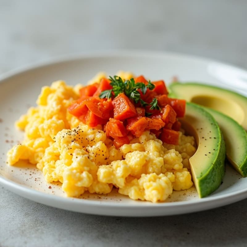 Scrambled Eggs with Spicy Kimchi, Creamy Cottage Cheese, and Avocado