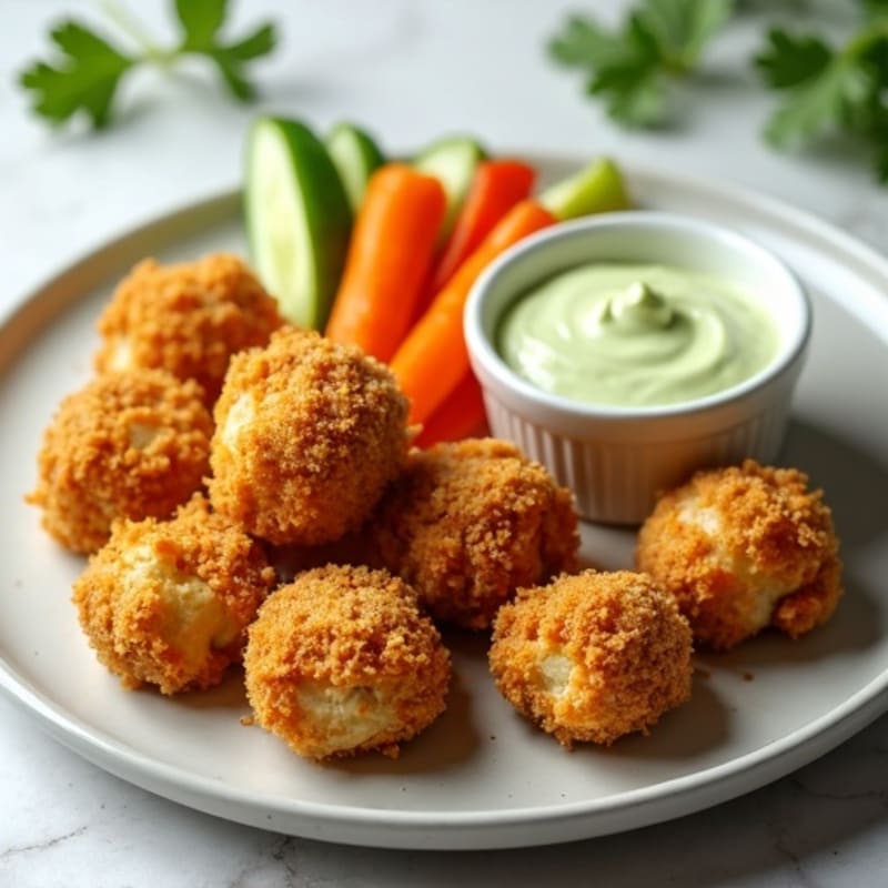 Crispy Chicken Bites with Creamy Avocado Dip and Fresh Veggies