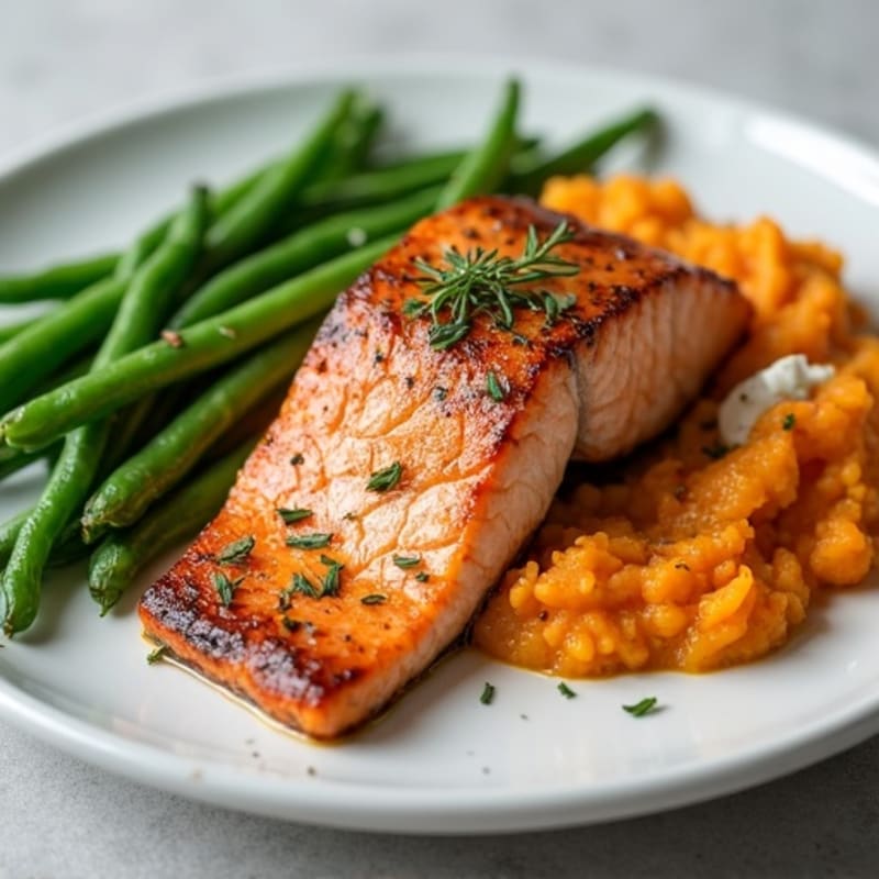 Seared Salmon Fillet with Garlic Green Beans and Sweet Potato Mash