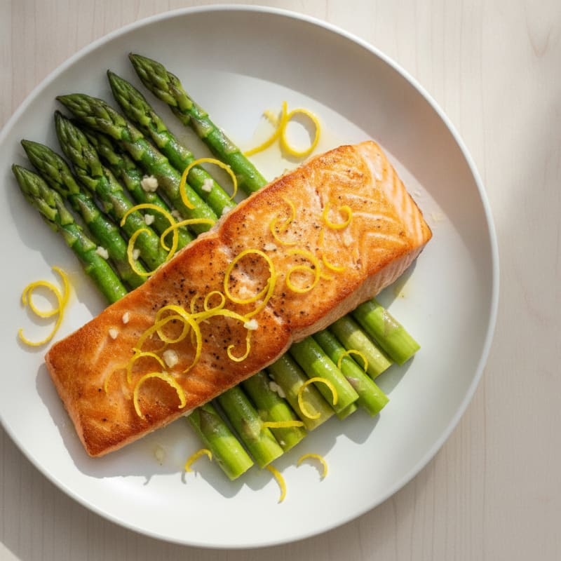 Seared Salmon with Steamed Asparagus and Lemon Zest