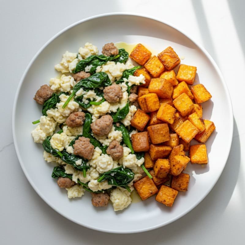 Egg White and Turkey Sausage Scramble with Spinach and Roasted Sweet Potatoes