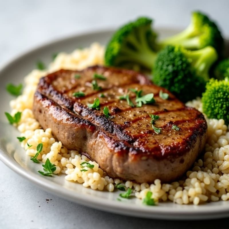 Pan-Seared Garlic Herb Steak with Roasted Broccoli and Fluffy Rice Quinoa