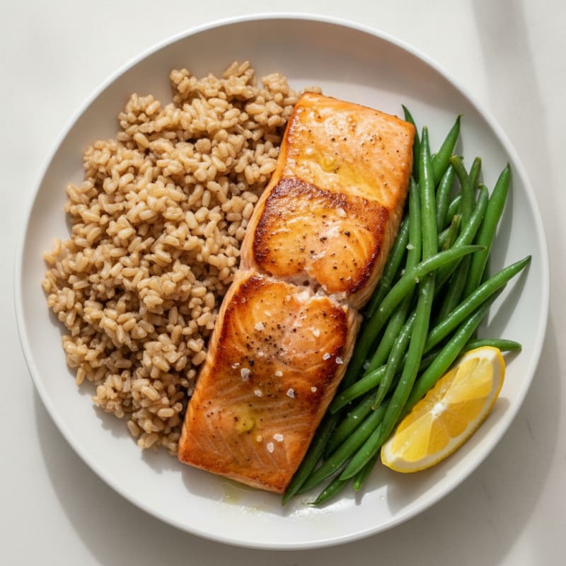Seared Salmon Fillet with Steamed Green Beans and Brown Rice