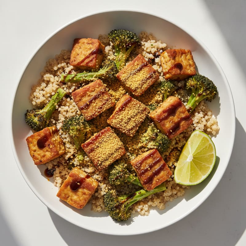 Crispy Tempeh Power Bowl with Quinoa and Roasted Broccoli