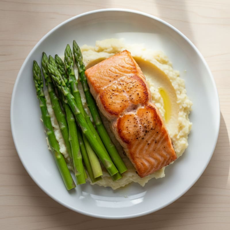 Seared Salmon Fillet with Steamed Asparagus and Cauliflower Mash