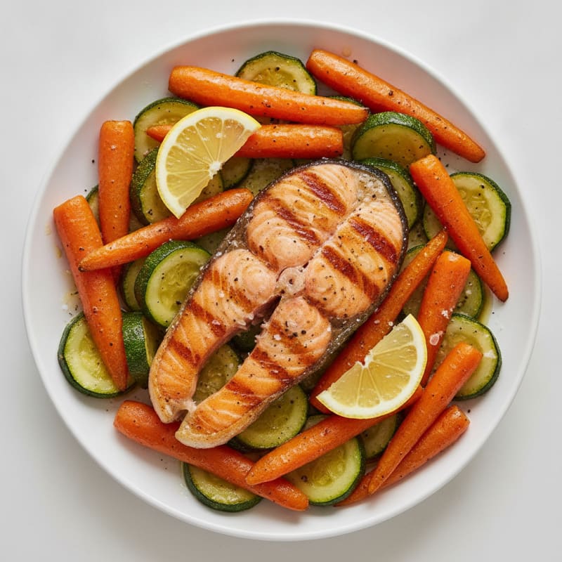 Pan-Seared Salmon with Roasted Root Vegetables and Zucchini