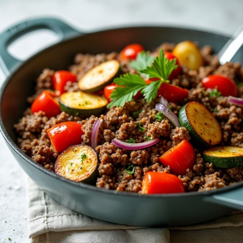 Lean Ground Beef and Roasted Vegetable Skillet