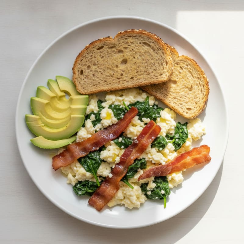 Crispy Turkey Bacon Egg White Scramble with Sautéed Spinach