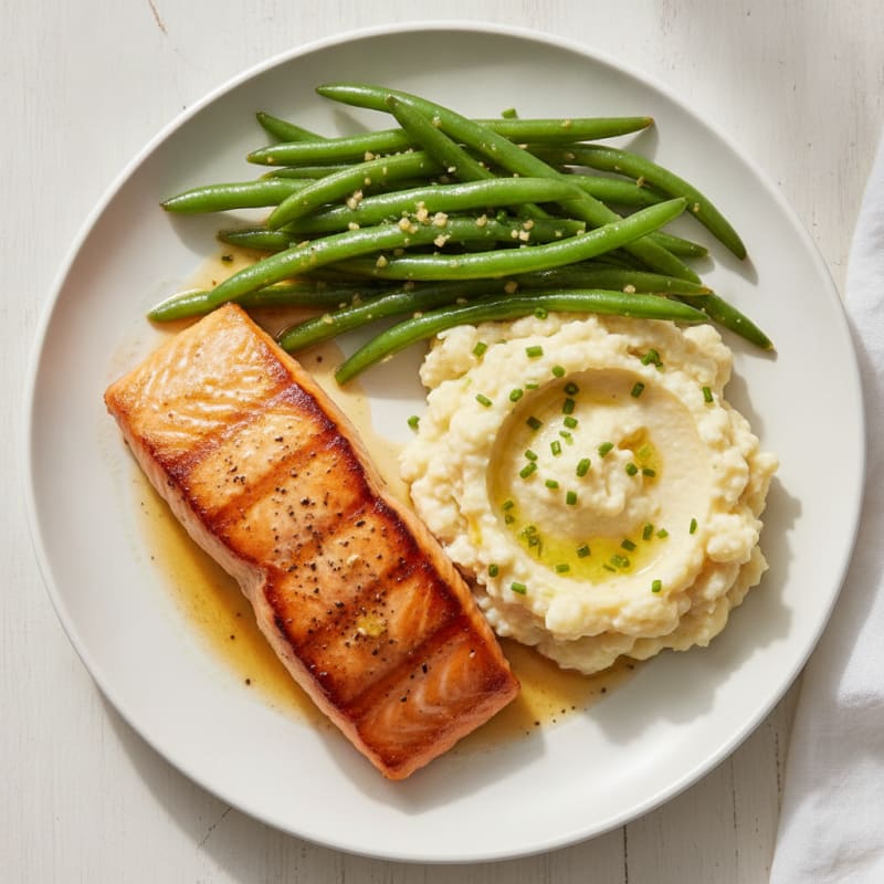 Seared Salmon with Garlic Green Beans and Cauliflower Mash