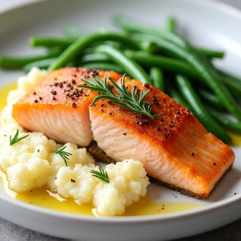 Seared Salmon with Garlic Green Beans and Cauliflower Mash