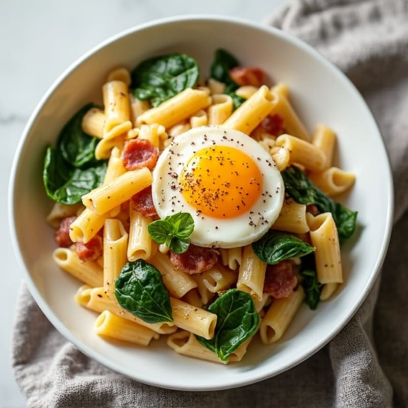 Creamy Egg Pasta with Crispy Turkey Bacon and Fresh Spinach