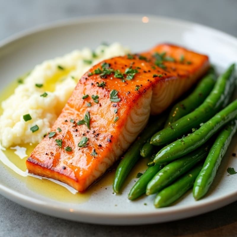 Seared Salmon with Garlic Green Beans and Cauliflower Mash