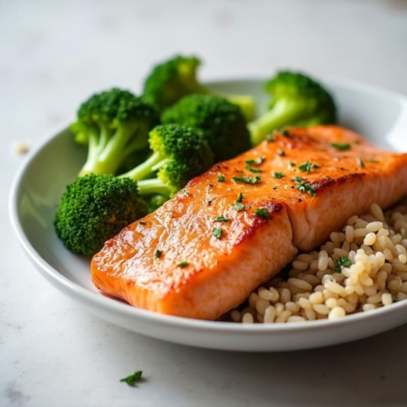 Seared Salmon with Steamed Broccoli and Brown Rice