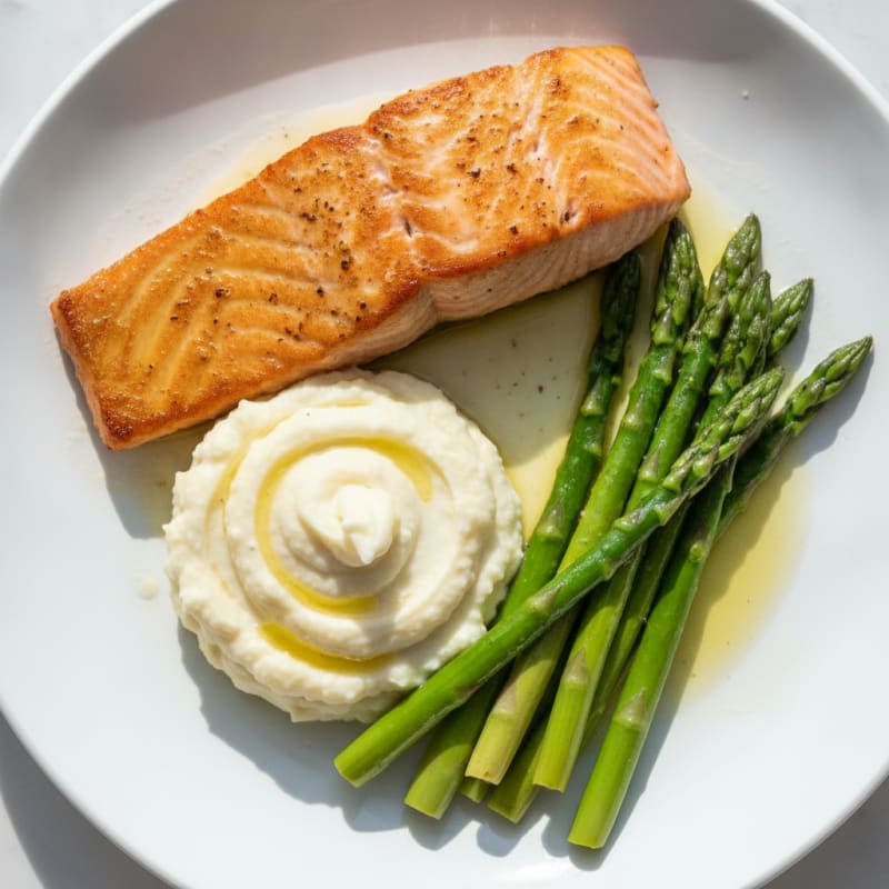 Seared Salmon with Steamed Asparagus and Garlic Mashed Cauliflower