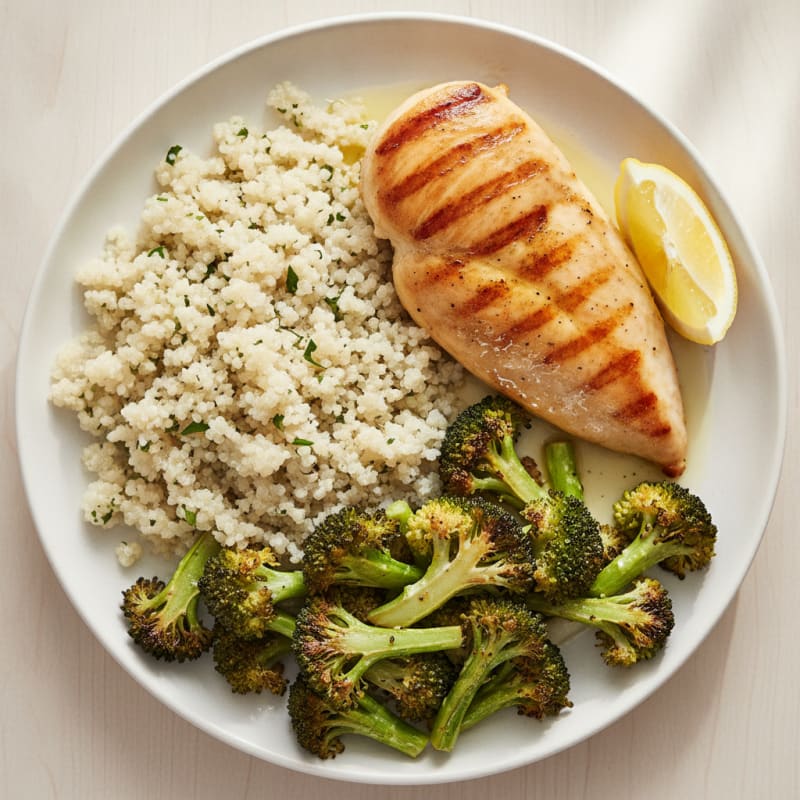 Grilled Chicken Breast with Quinoa and Roasted Broccoli